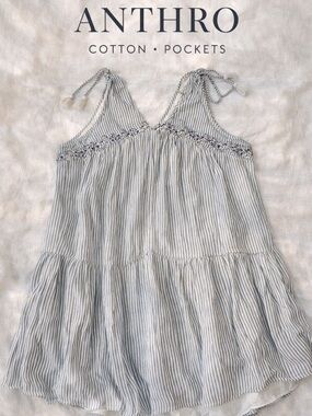 Anthro A+ Striped Cotton Mini Dress Embroidered Tassel Tie Pockets M
